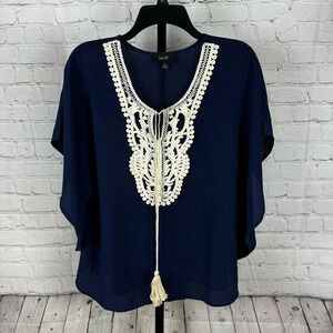 Naïf Navy Flowy Embroidered Tie Front Tassel Boho Blouse Size Medium